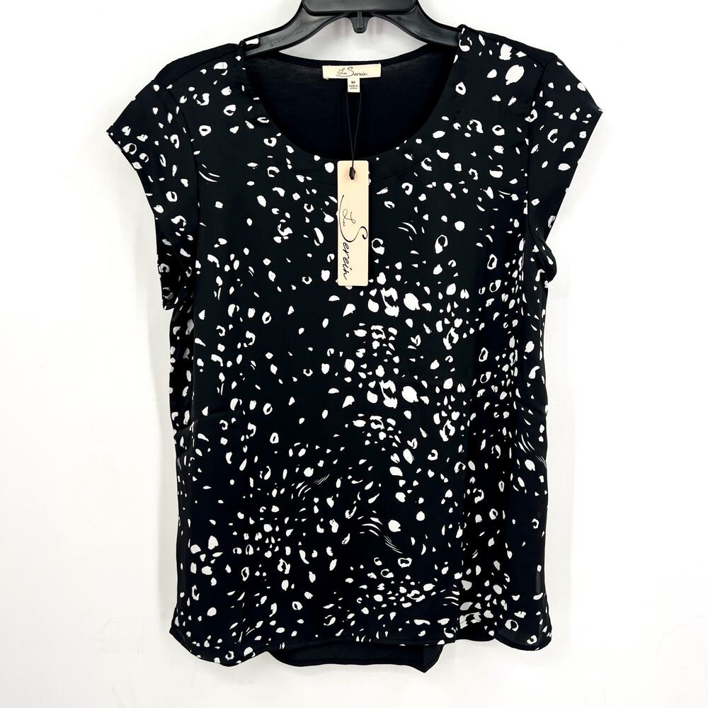 LES SEREIN Womens Speckled Short Sleeve Top Medium Black White Round Neck NWT
